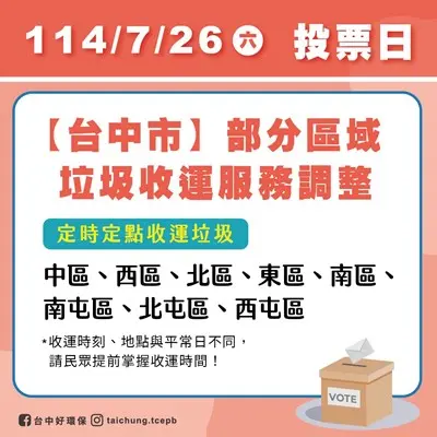 ▲台中市西屯區、南屯區、北屯區、北區、西區、中區、東區、南區7月26日暫停沿街收運垃圾,改定時定點收垃圾。(圖/台中市政府提供) ▲台中市西屯區、南屯區、北屯區、北區、西區、中區、東區、南區7月26日暫停沿街收運垃圾,改定時定點收垃圾。(圖/台中市政府提供)