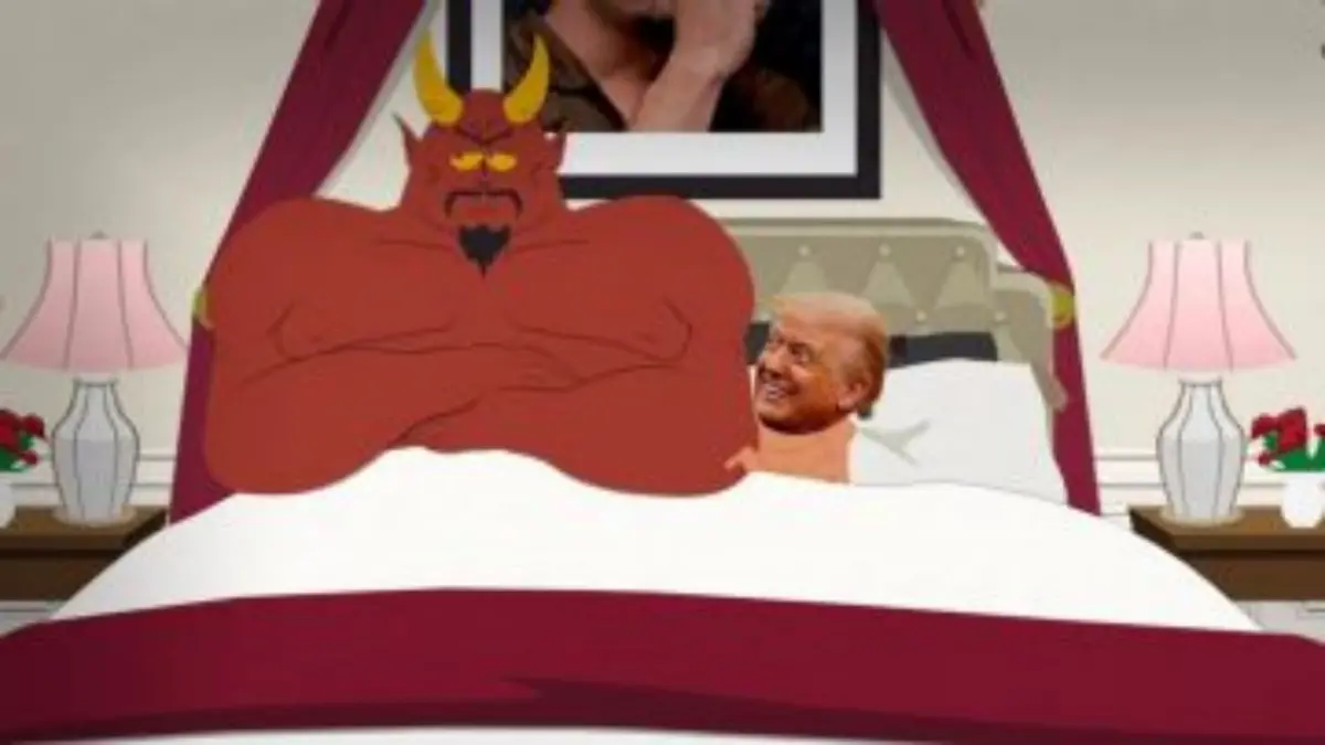 ▲美國知名諷刺卡通劇《南方四賤客》大開川普玩笑，還出現川普與魔鬼撒旦同床的畫面，引發白宮不滿。（圖／截取自影片）