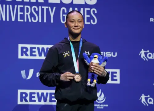 ▲台瑞混血女將陳瑞安勇奪世大運體操全能銅牌，以0.033分險勝對手，為台灣摘下隊史首面女子全能獎牌。（圖／大專體總提供）