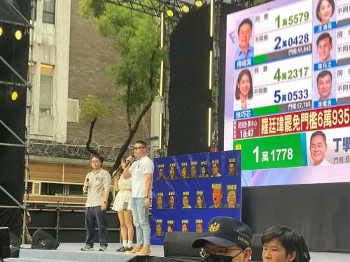 ▲開票狀況不如預期，主持人阿美與閩南狼宣講盼炒熱台下氣氛。（圖／記者陳威叡攝，2025.07.26）