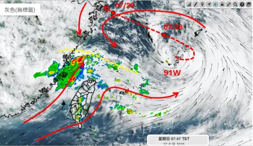 ▲旺盛的西南氣流不斷往台灣衝刺，不穩定天氣還要延續7至10天左右，8月上旬才有機會擺脫。（圖／天氣職人-吳聖宇臉書）