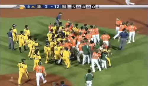 獅隊投手林岳平投出頭部危險球後,再以時速148公里速球直接砸中馮勝賢大腿,導致兩隊球員爆發推擠抗議。 ▲獅隊投手林岳平投出頭部危險球後,再以時速148公里速球直接砸中馮勝賢大腿,導致兩隊球員爆發推擠抗議。(圖/截圖自CPBL TV)