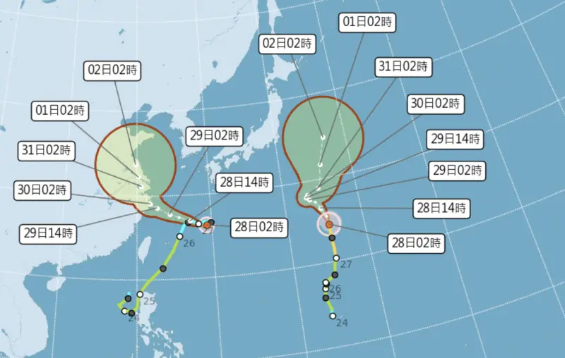 ▲台灣周遭的2個颱風皆無直接影響，但西南風增強，導致中南部將出現連日的「致災性降雨」。（圖／中央氣象署）