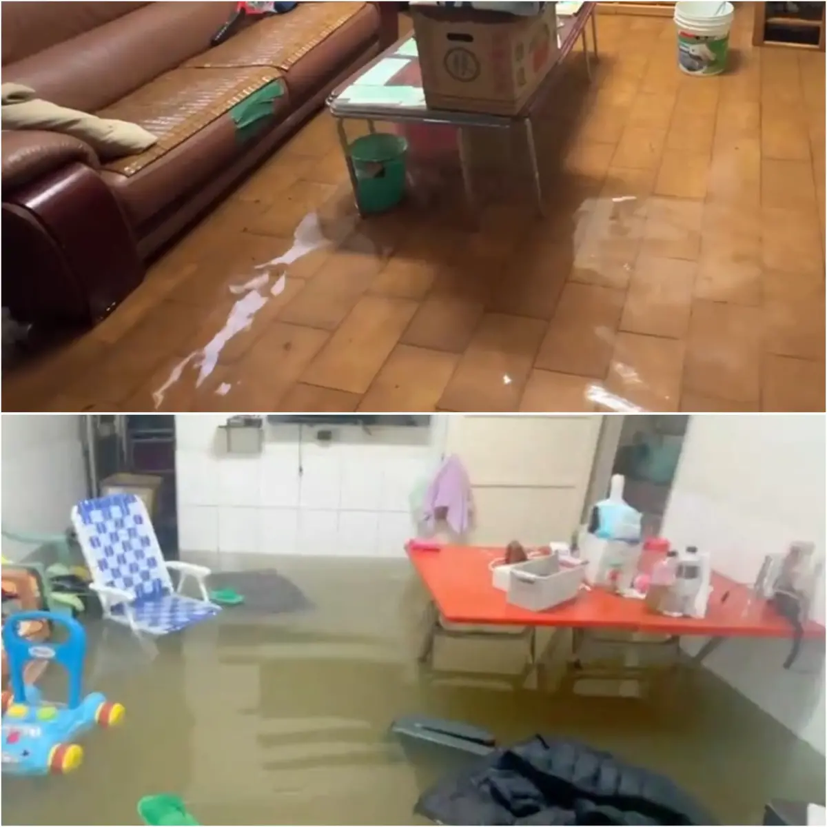 ▲台南後壁菁寮因凌晨豪雨成災，住家客廳出現「泡腳池」、飯廳出現「漂浮早餐」。（圖／翻攝畫面）
