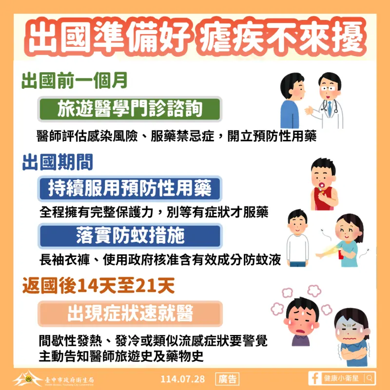 ▲衛生局長曾梓展呼籲，民眾前往非洲、印度等高風險地區，依照醫囑服用預防性藥物，旅途中則應加強防蚊措施(圖／衛生局提供2025.7.28)