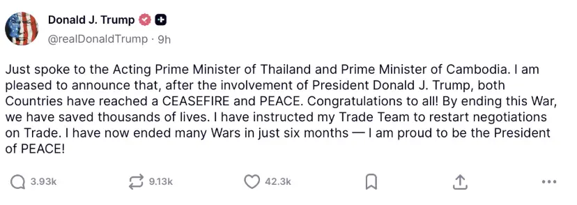 ▲美國總統川普（Donald Trump）在社群平台發文，宣稱自己促成泰國與柬埔寨停火，並表示已指示團隊重新啟動與兩國的貿易談判。（圖／翻攝自Truth Social）