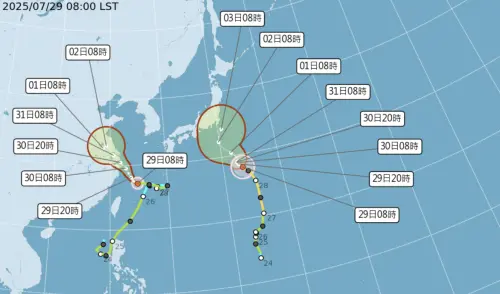 ▲台灣北方的竹節草颱風被柯羅莎牽制，往西移動的速度變慢。（圖／中央氣象署）