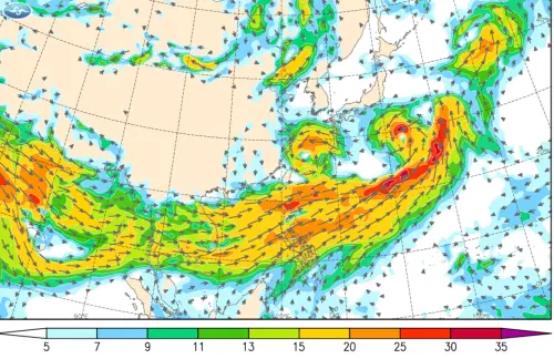 ▲竹節草颱風會帶動西南氣流的強度，今晚西南氣流北抬之後，南台灣首當其衝。（圖／中央氣象署）