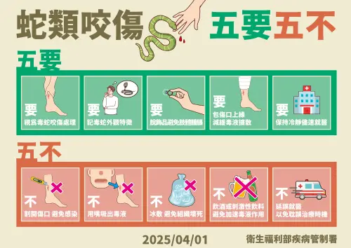 ▲疾管署提醒，蛇類咬傷要留意五要五不，包括不要冰敷、也不要用嘴吸出毒液。（圖／疾管署提供）