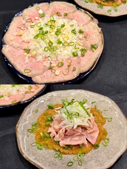 日本仙台「東山牛舌」Dream Plaza開幕!8/8買一送一菜單價格一覽 ▲由上至下:「特選牛舌刺身」688元、「酸橘風味冷涮牛舌」328元。(圖/記者蕭涵云攝)