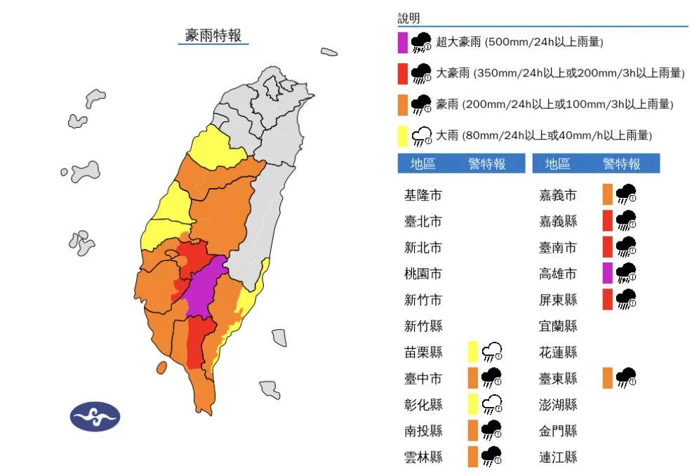 ▲西南氣流今（30）日威力最強，氣象署發布「豪雨特報」，高雄更要注意超大豪雨。（圖／中央氣象署）