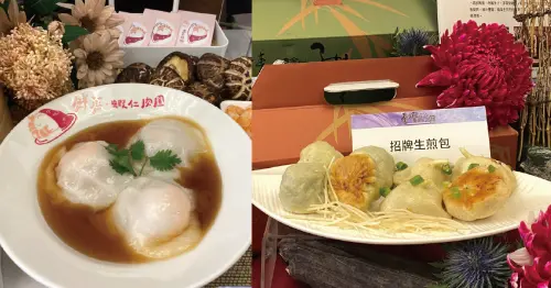 ▲台灣觀光協會簡余晏會長，邀大家品嘗「台南鮮蒸蝦仁肉圓」、「台中滬舍餘味 翡翠生煎包」。（圖／劉祐龍拍攝）