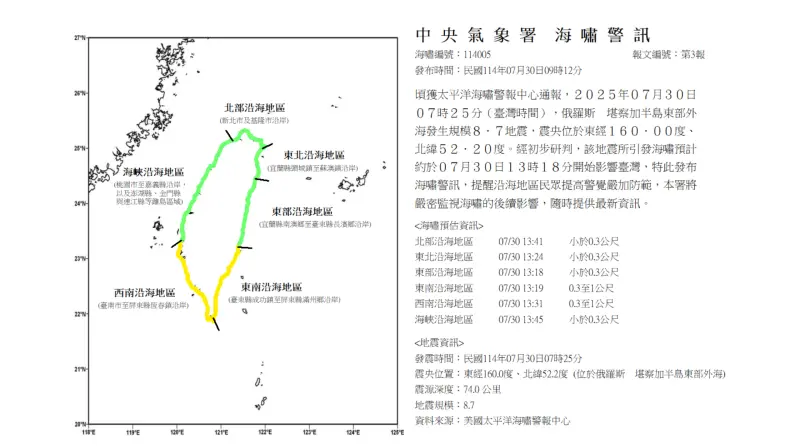 ▲中央氣象署海嘯警訊。（圖／中央氣象署提供）