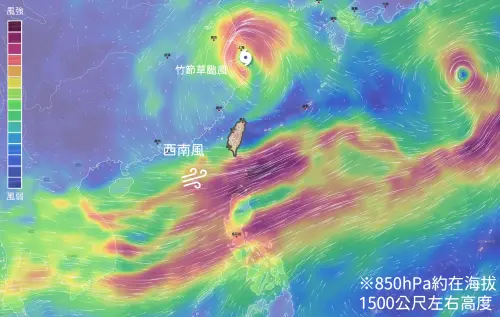 西南風的環境還要維持一段時間,下週三高壓範圍西伸到台灣附近,天氣才有機會回歸穩定。(圖/中央氣象署) ▲西南風的環境還要維持一段時間,下週三高壓範圍西伸到台灣附近,天氣才有機會回歸穩定。(圖/中央氣象署)