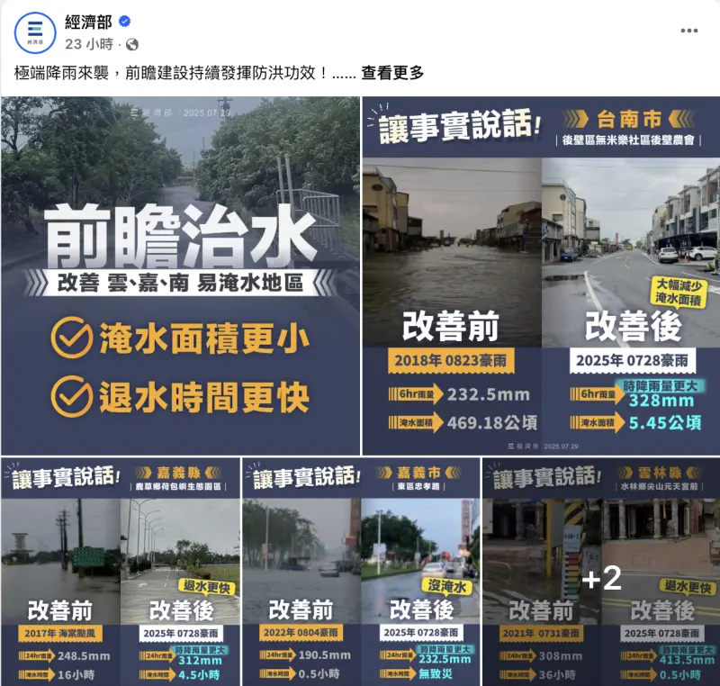 ▲中南部民眾飽受水患之苦，未料經濟部竟發文宣傳治水政績，讓吳思瑤也看不下去。（圖／翻攝自經濟部臉書）