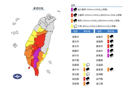 ▲中央氣象署發布最新「豪雨特報」，高雄山區、屏東山區持續有「超大豪雨」的出現。（圖／中央氣象署）