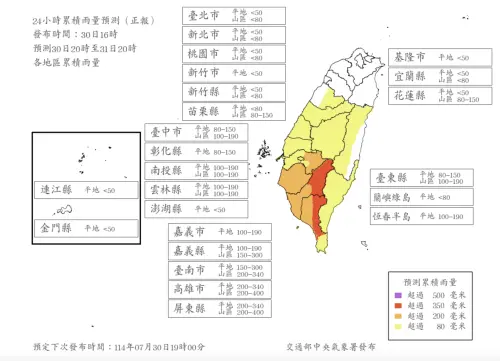 ▲明（31）日白天西南氣流會逐漸減弱，但中南部還是有豪雨發生，中央氣象署也發布最新「24小時雨量預估雨量」。（圖／中央氣象署）