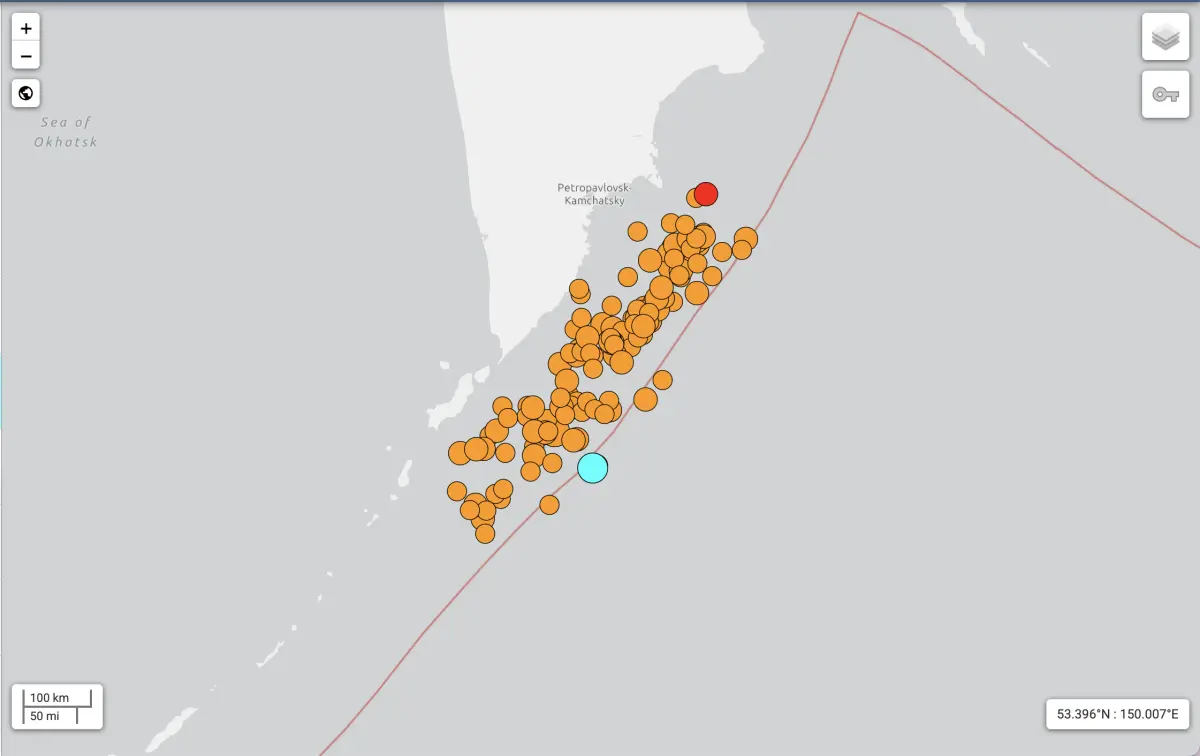▲俄羅斯堪察加半島地區大震小震不斷，台灣時間今（31）日下午1點27分左右，又發生了規模6.2地震。（圖／翻攝自USGS）