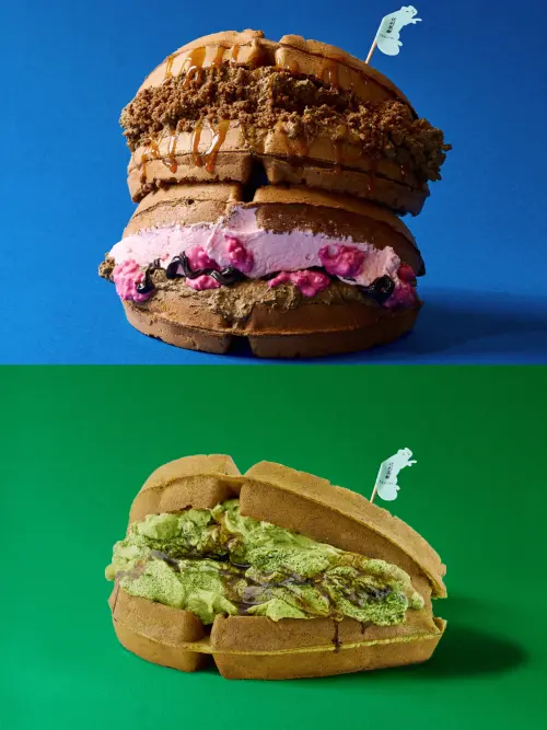 ▲由上至下：「特上沙丘鹽之花 × 辻利宇治焙茶華夫餅」整份435元／半份229元、「明艷覆盆莓 × 辻利宇治焙茶華夫餅」整份415元／半份220元、「辻利抹茶白狐淡雪自製糖蜜華夫餅」整份405元／半份216元。（圖／辻利茶舗提供）