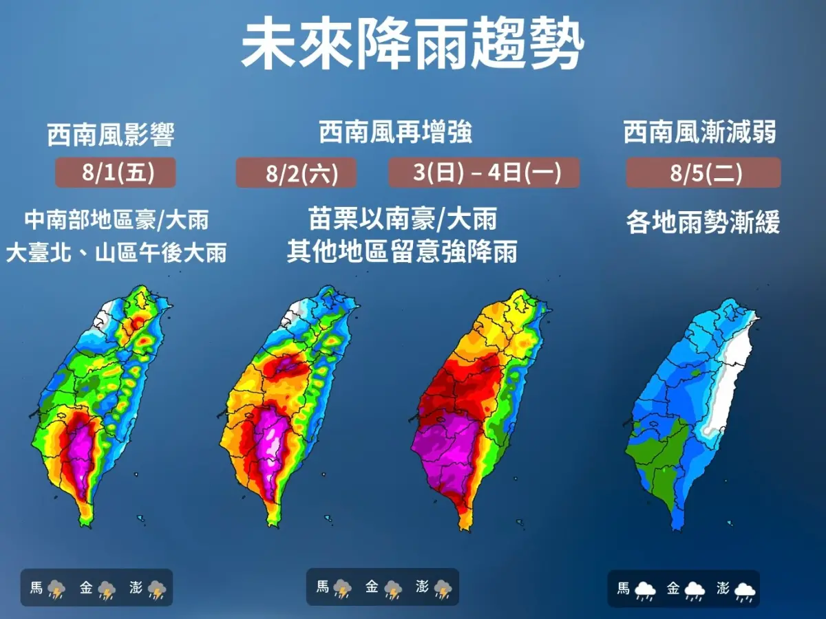 ▲未來降雨趨勢，週六西南風再度增強，水氣由南往北擴大，整個西半部降雨都很明顯。（圖／中央氣象署提供cwa.gov.tw）