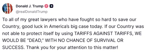 ▲川普警告，「如果我們的國家不能用關稅來對抗關稅來保護自己，我們就會『滅亡』」。（圖／翻攝自川普的社群媒體）