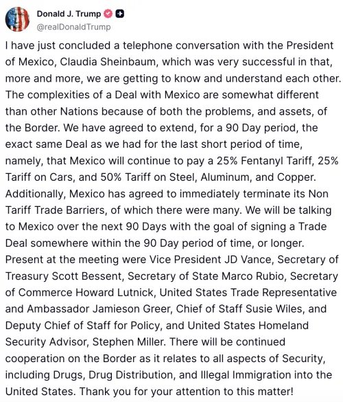 ▲美國總統川普最新宣布，與墨西哥達成協議。（圖／翻攝自川普的社群軟體）