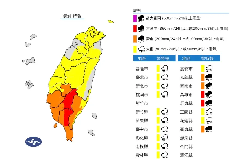 ▲西南氣流影響，易有短延時強降雨，今（1）日午後對流旺盛，全台剩下新竹市不在豪雨警戒區內。（圖／中央氣象署提供cwa.gov.tw）