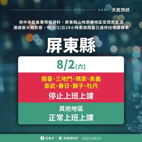 屏東縣山地原鄉地區受西南氣流連續豪大雨影響,明(8/2)日24小時累積雨量已達停班停課標準。(圖/屏東縣政府) ▲屏東縣山地原鄉地區受西南氣流連續豪大雨影響,明(8/2)日24小時累積雨量已達停班停課標準。(圖/屏東縣政府)
