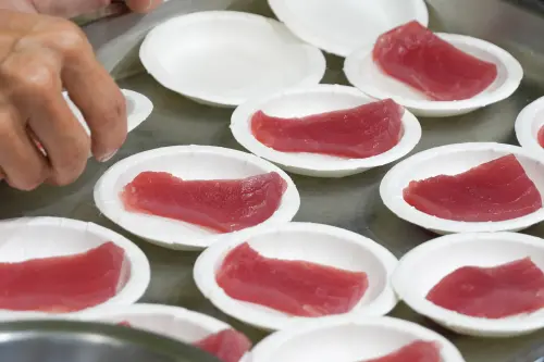 開展首日「屏東賀呷」現切大片生魚片,提供現場民眾品嚐試吃。(圖/短新聞提供) ▲開展首日「屏東賀呷」現切大片生魚片,提供現場民眾品嚐試吃。(圖/短新聞提供)