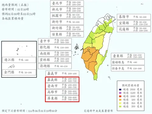 ▲未來三天西南風再度增強，南部山區預估雨量又破千毫米，平地也有400至800毫米的預估雨勢，民眾外出千萬要注意安全。（圖/台灣颱風論壇）