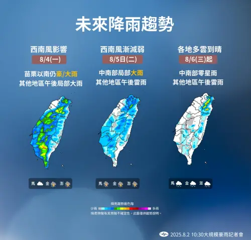 ▲今天上午整體降雨集中在苗栗以南、澎湖及臺東山區等地，其中雲林以南雨勢最明顯，台南降雨範圍廣泛