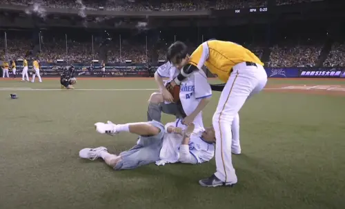 ▲韓國人氣男團SUPER JUNIOR-D&E成員李東海、李赫宰（藝名銀赫）擔任開球嘉賓，兩人帥氣登場讓粉絲瘋狂，而且還超有心地在球場設計了一場「兄弟鬩牆」戲碼，讓粉絲直呼：「到底是來開球還是來打架？」（圖／中信兄弟提供）