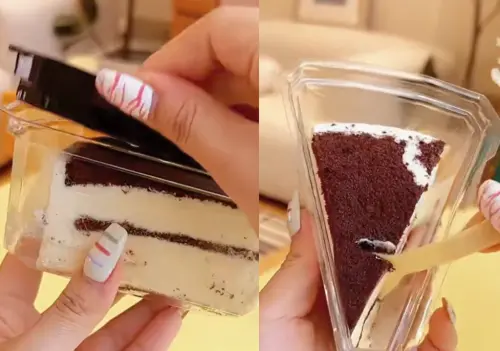 ▲吃切片蛋糕時反著開、先取下底盤,就能把蛋糕留在上蓋內挖著吃。(圖/翻攝自小紅書) ▲吃切片蛋糕時反著開、先取下底盤,就能把蛋糕留在上蓋內挖著吃。(圖/翻攝自小紅書)