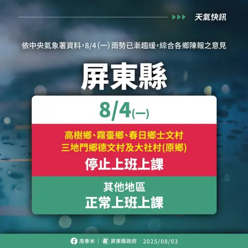 ▲屏東縣高樹鄉、霧臺鄉、三地門鄉德文村及大社原鄉、春日鄉士文村4日停止上班、停止上課。(圖/屏東縣政府) ▲屏東縣高樹鄉、霧臺鄉、三地門鄉德文村及大社原鄉、春日鄉士文村4日停止上班、停止上課。(圖/屏東縣政府)