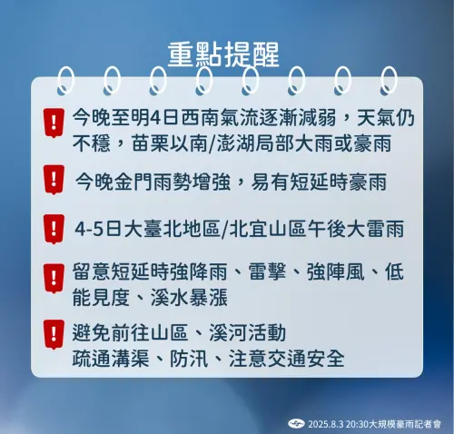 ▲今晚西南氣流逐漸減弱，但是天氣依然不穩定，氣象署提醒民眾，仍要避免靠近山區、溪河。（圖／中央氣象署）