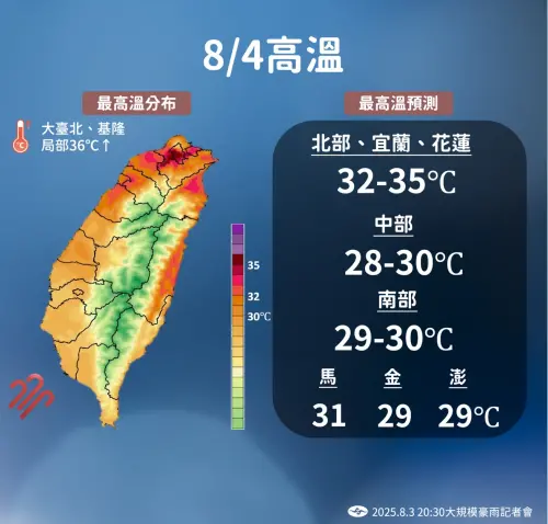 ▲明（4）日要全台都注意高溫，尤其大台北、基隆地區要慎防超過32度的酷暑。（圖／中央氣象署）
