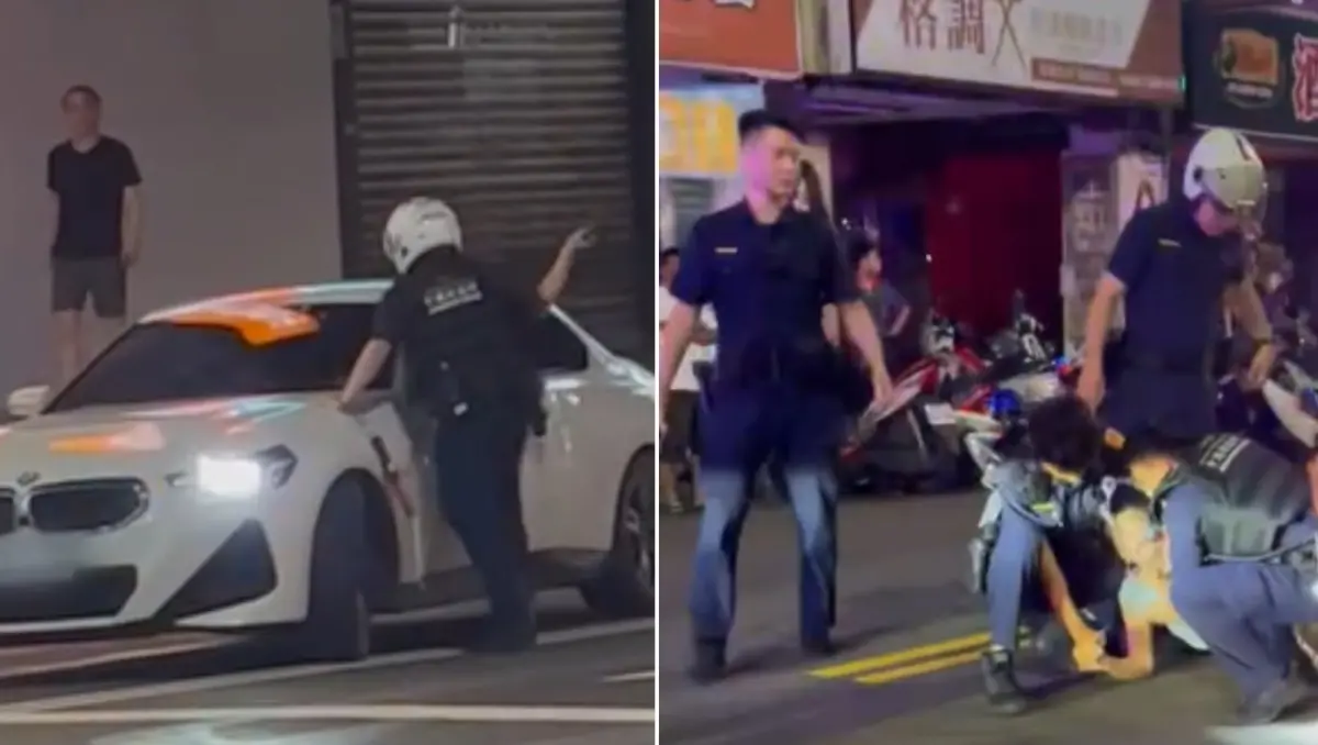 ▲侯沁潔駕駛白色BMW拒檢逃逸，後來遭4名員警拉下車上銬逮捕。（圖／翻攝臉書）