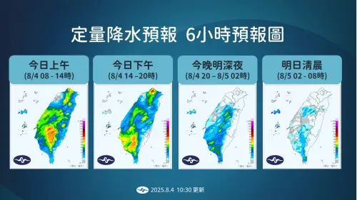 中南部今天依舊會有明顯雨勢,後續隨著太平洋高壓增強,西南風減弱,各地天氣慢慢回穩。(圖/中央氣象署) ▲中南部今天依舊會有明顯雨勢,後續隨著太平洋高壓增強,西南風減弱,各地天氣慢慢回穩。(圖/中央氣象署)