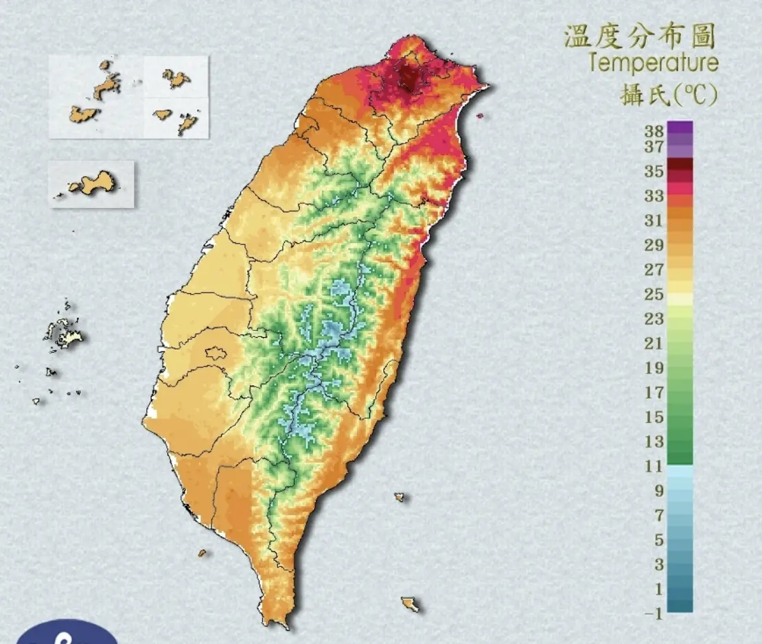▲北台灣今（4）日整天高溫炎熱，加上盆地地形散熱不易，氣溫不斷飆升，溫度分布圖明顯紅到發黑。（圖／中央氣象署）
