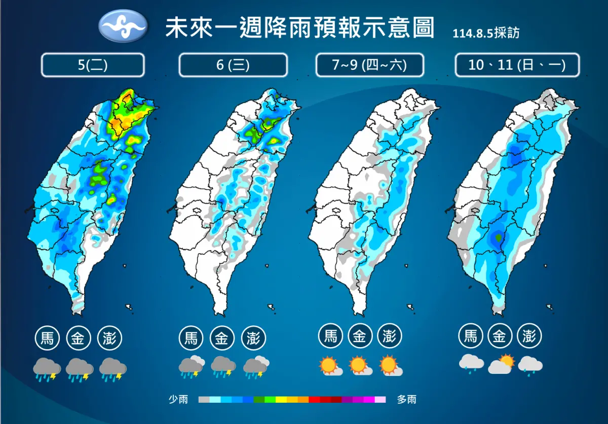 ▲本週午後雷雨集中在山區，下週有西南風影響，水氣變多，午後雨勢的範圍會加大。（圖／中央氣象署）