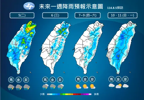 ▲本週午後雷雨集中在山區，下週有西南風影響，水氣變多，午後雨勢的範圍會加大。（圖／中央氣象署）