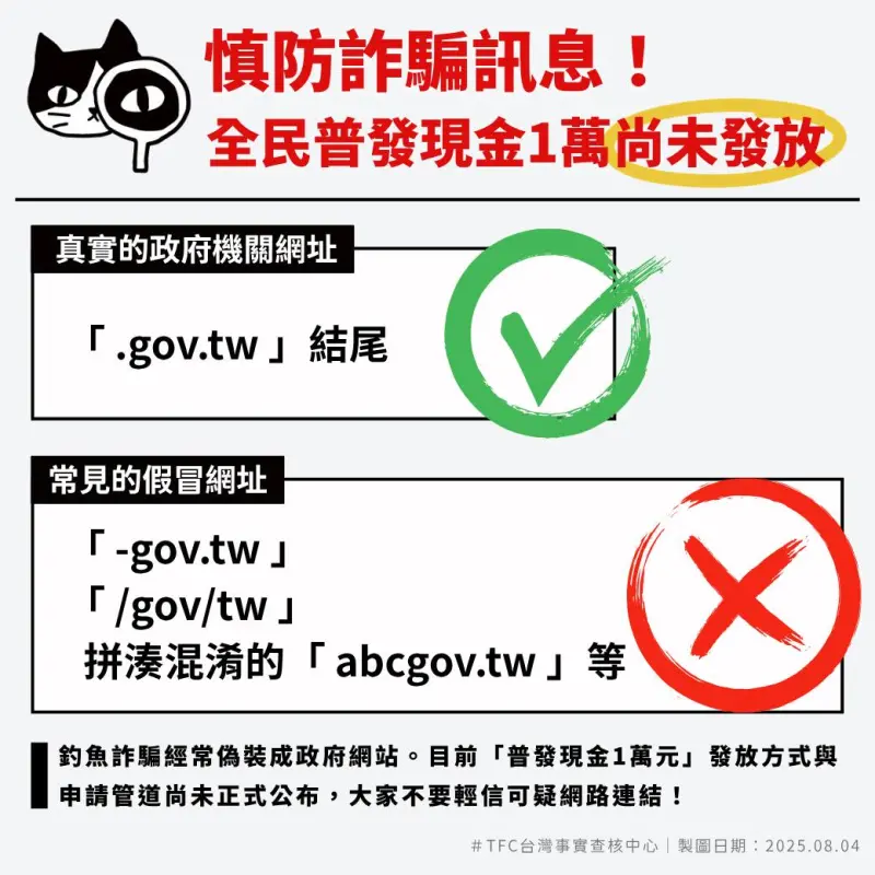 ▲TFC 台灣事實查核中心提醒，普發現金「尚未發放」，慎防詐騙訊息 。（圖／翻攝自TFC 台灣事實查核中心）