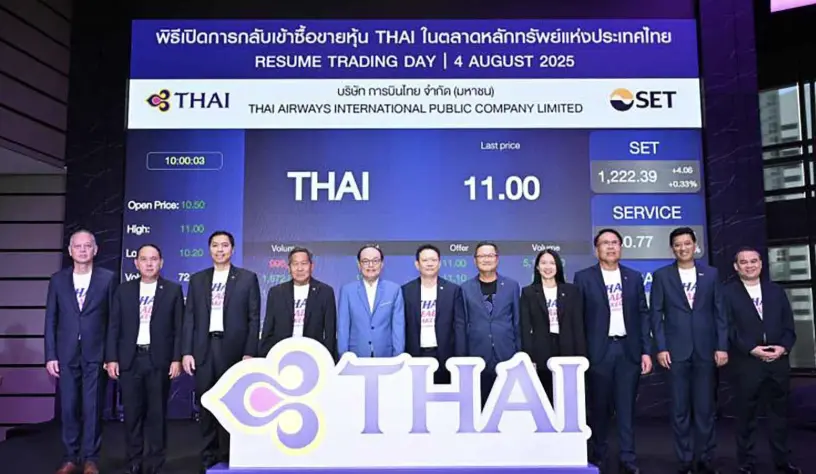 ▲泰國國際航空（THAI）於8月4日舉行恢復交易日儀式，正式重返泰國證券交易所（SET）（圖／翻攝Bangkok Post）