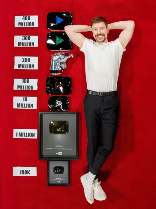 ▲MrBeast昨（4）日再度曬出他的完整「Play Button」獎牌收藏，從10萬到4億一字排開。