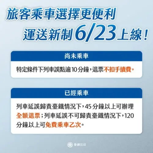 ▲臺鐵公司說明，特定條件下，若列車因故延遲10分鐘以上或是開車時間未定，且旅客未啟用車票（未乘車），可於發生日起一年內辦理退票退還實收票價，並免收手續費。（圖／國營臺灣鐵路股份有限公司臉書）