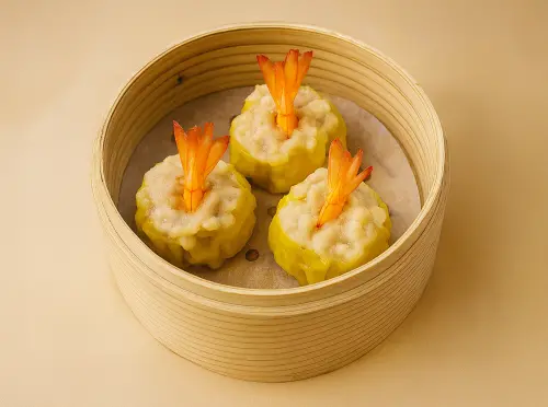 ▲「鳳尾金餃」以整尾蝦妝點燒賣，也因為吃得到整尾蝦更覺得料好實在。（圖／台南遠東飯店提供）