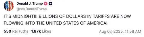 ▲對等關稅正式生效，川普嗨喊「數十億美元的關稅正流入美國！」（圖／翻攝自Truth Social）