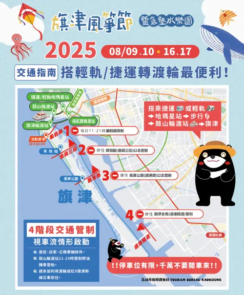 ▲2025旗津風箏節搭乘大眾運輸工具轉渡輪最方便。（圖／高市府觀光局提供）