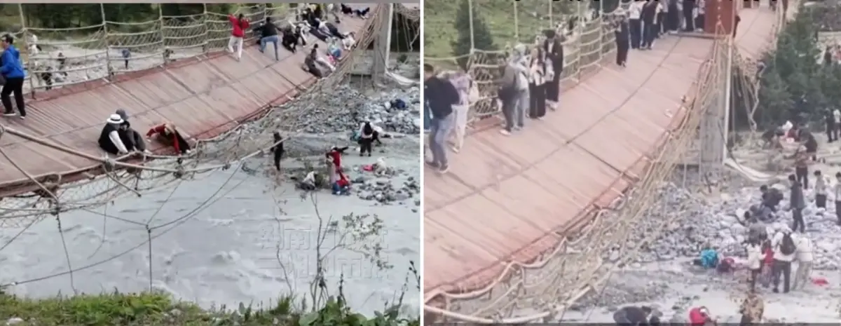 ▲中國新疆夏塔景區6日晚間發生意外事故，一處網紅吊橋橋索斷裂、橋面傾斜，多名遊客被困在橋上，部分遊客跌入湍急河流中，造成5死24傷。（圖／翻攝自微博）