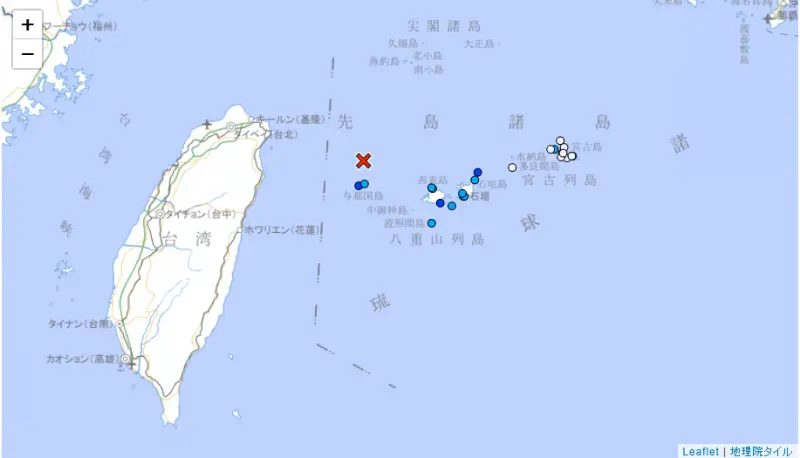 ▲宜蘭外海下午3時45分發生規模6.2地震，日本氣象聽也發布地震資訊，沖繩多地有感，最大震度3級。（圖／翻攝自日本氣象廳）